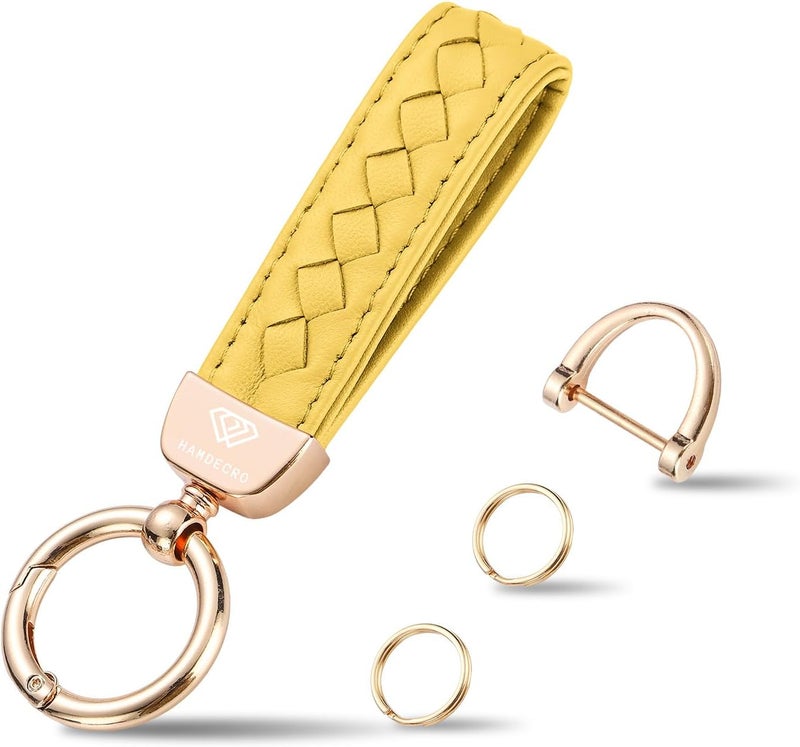 Hamdecro Store Genuine Leather Keychains, Handmade Knit Sheepskin Car Key chains for Women, Universal Key Fob Holder with 360 Degree Rotatable, Anti-Lost D-Ring, 2 Keyrings and 1 Screwdriver-Yellow - Image 1